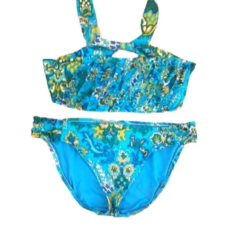 EC LUCKY BRAND PAISLEY RUFFLED BIKINI SET SZ. L